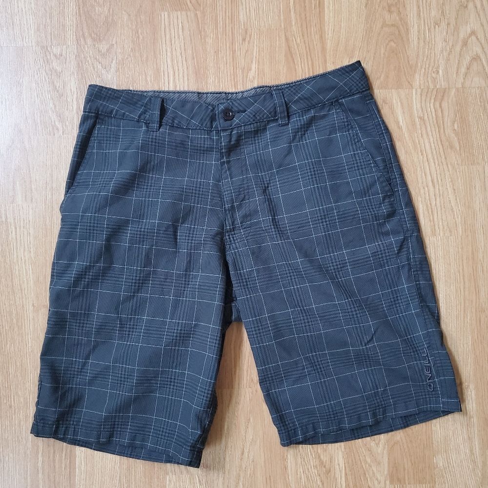 O'Neill Charcoal Black Plaid Flat Front Golf Bermuda Shorts 25108134X Sz 32